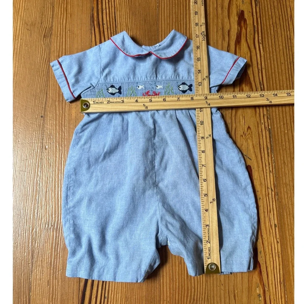 Smocked Romper Baby Boy Blue Nautical Fish Crab SIZE 3-6M